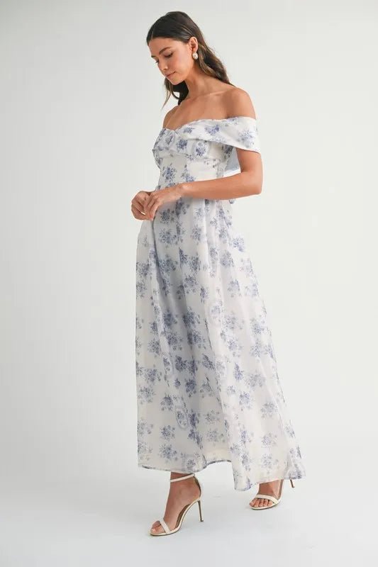 MABLE Floral Printed Off Shoulder Maxi Dress - Crowned Energy CO.