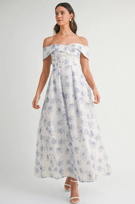 MABLE Floral Printed Off Shoulder Maxi Dress - Crowned Energy CO.