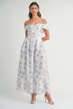 MABLE Floral Printed Off Shoulder Maxi Dress - Crowned Energy CO.