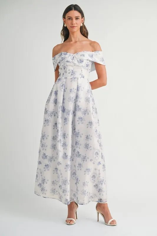 MABLE Floral Printed Off Shoulder Maxi Dress - Crowned Energy CO.