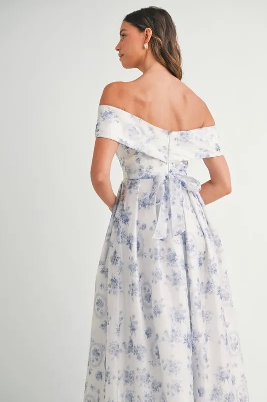 MABLE Floral Printed Off Shoulder Maxi Dress - Crowned Energy CO.