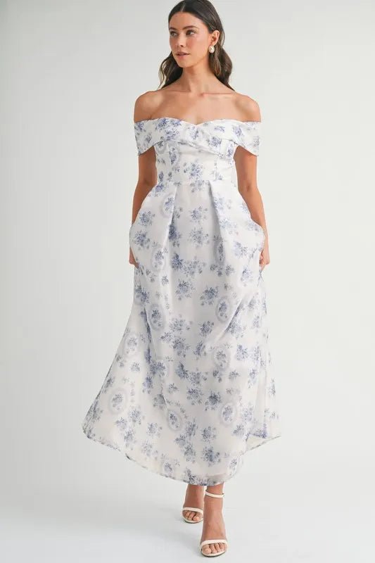 MABLE Floral Printed Off Shoulder Maxi Dress - Crowned Energy CO.