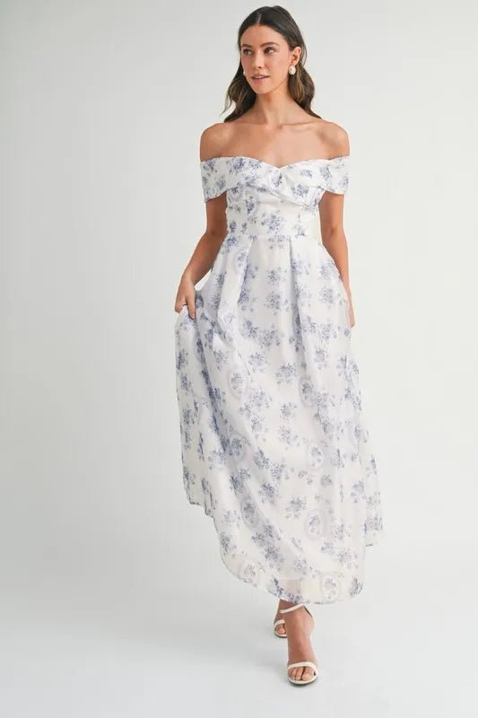 MABLE Floral Printed Off Shoulder Maxi Dress - Crowned Energy CO.