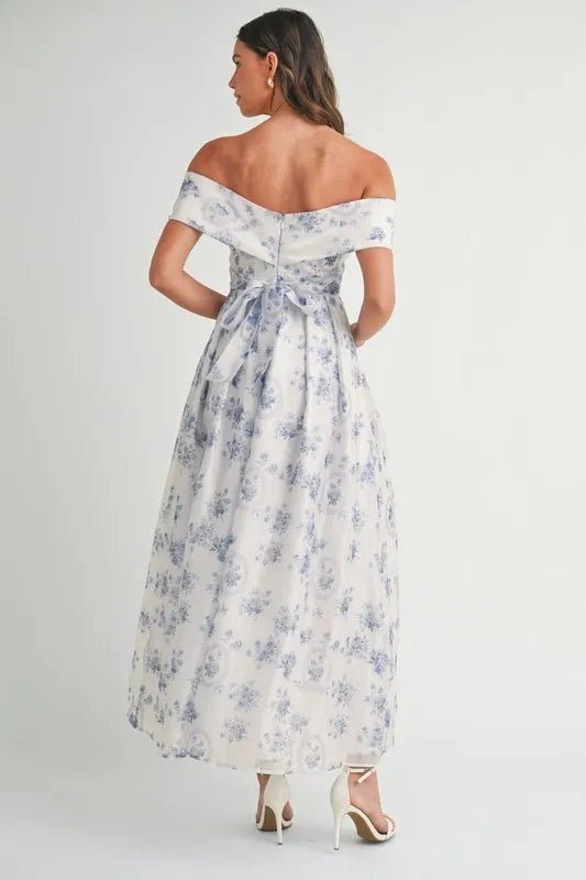 MABLE Floral Printed Off Shoulder Maxi Dress - Crowned Energy CO.