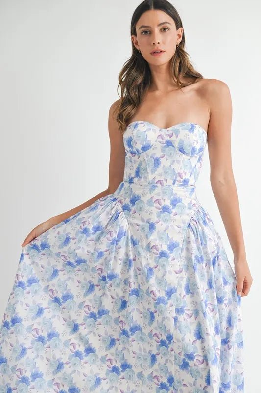 MABLE Sweetheart Neckline Floral Printed Midi Dress - Crowned Energy CO.