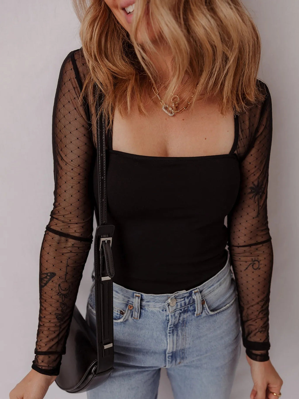 Mesh Sleeve Square Neck Bodysuit - Crowned Energy CO.