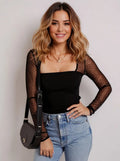 Mesh Sleeve Square Neck Bodysuit - Crowned Energy CO.