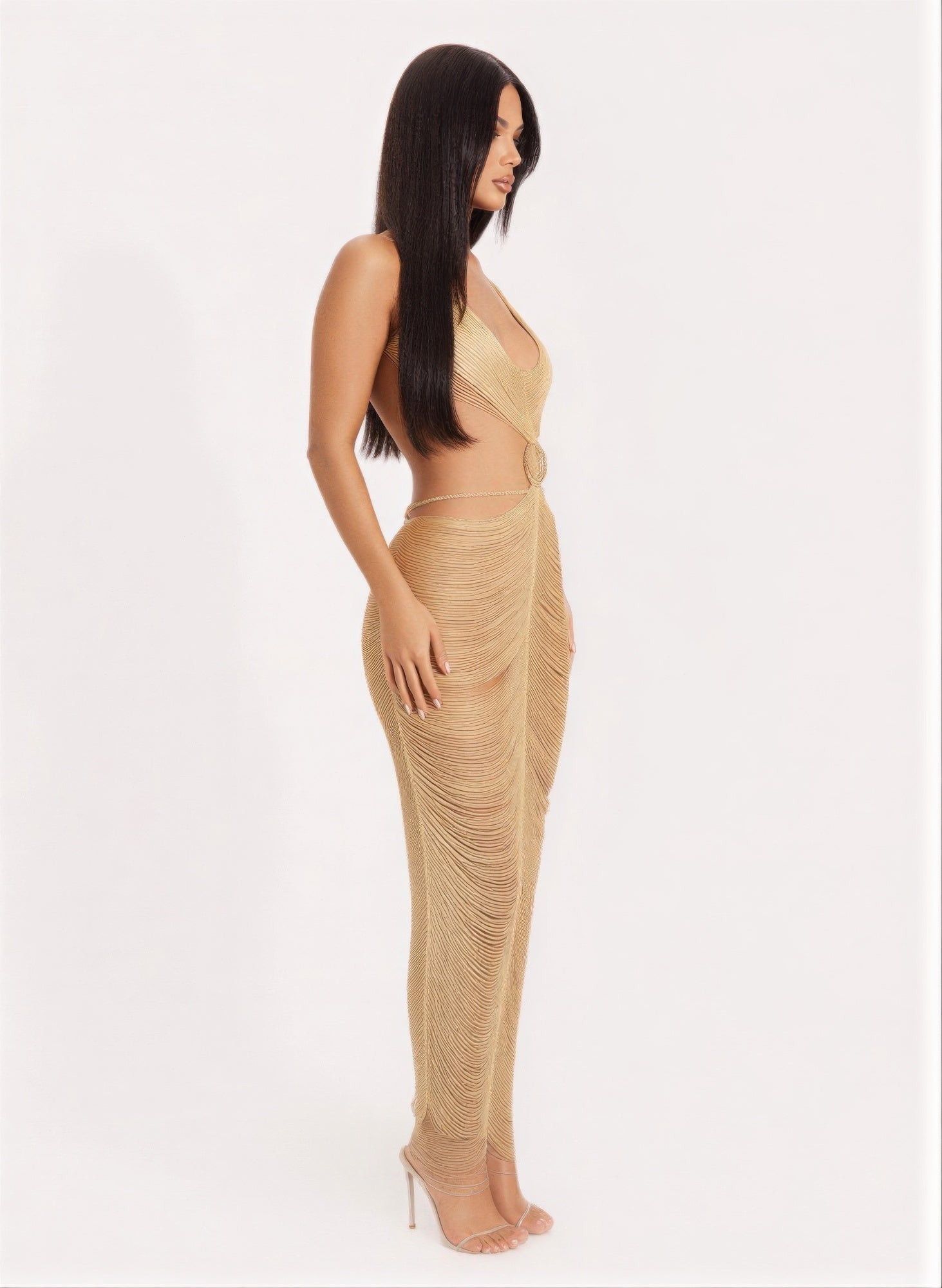 Metallic Cut Open Back Maxi Dress - Crowned Energy CO.