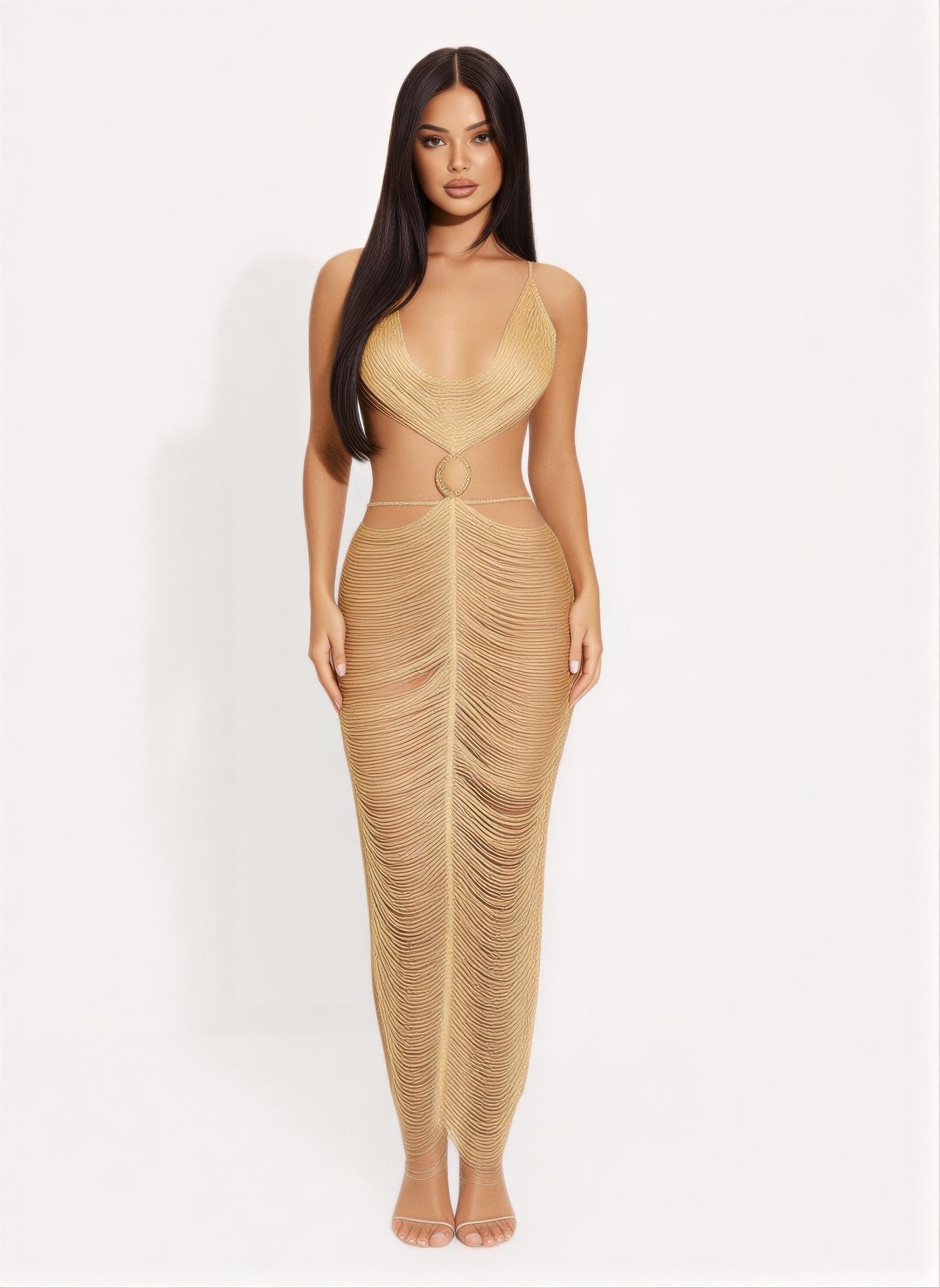 Metallic Cut Open Back Maxi Dress - Crowned Energy CO.