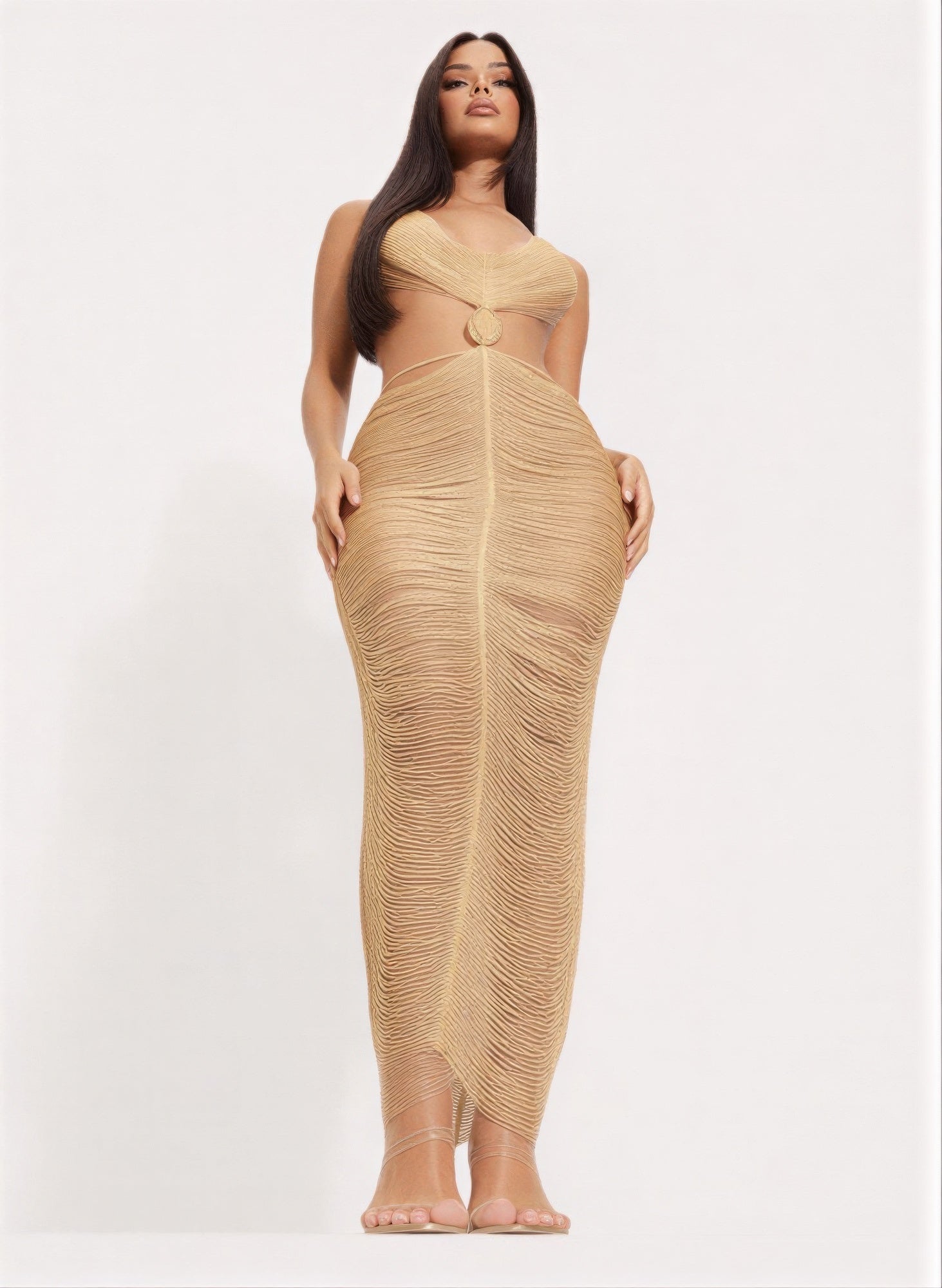 Metallic Cut Open Back Maxi Dress - Crowned Energy CO.