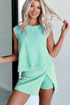 Mint Green 2 Pieces Mineral Wash Cotton Tank Top Lined Split Skirt Set - Goddess Vibes