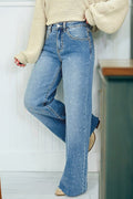 Mist Blue Distressed Detail Tummy Control Raw Hem Jeans - Crowned Energy CO.