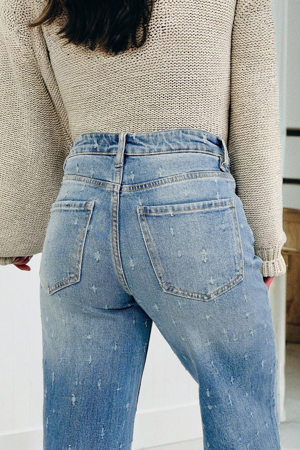 Mist Blue Distressed Detail Tummy Control Raw Hem Jeans - Crowned Energy CO.