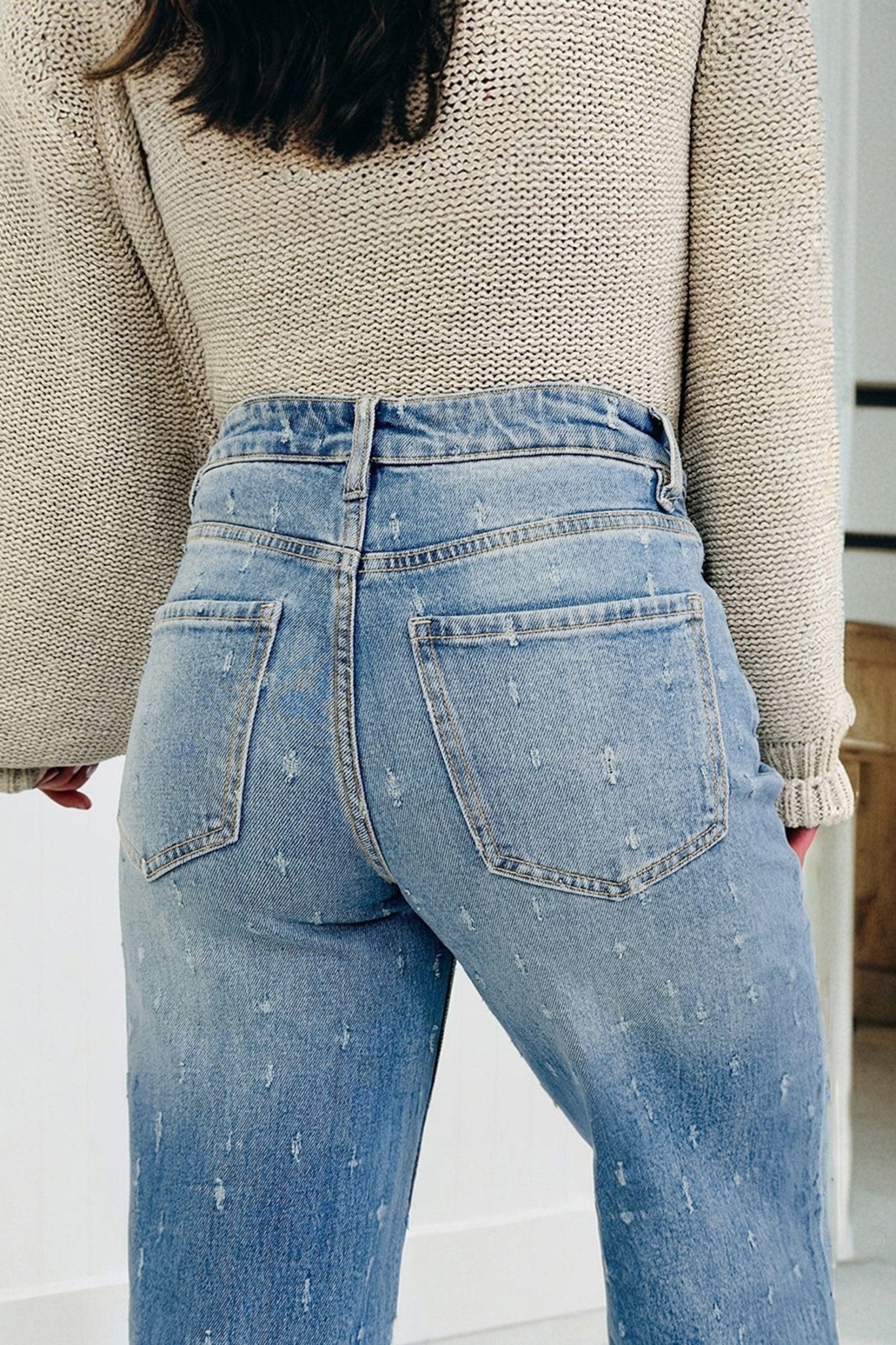 Mist Blue Distressed Detail Tummy Control Raw Hem Jeans - Crowned Energy CO.