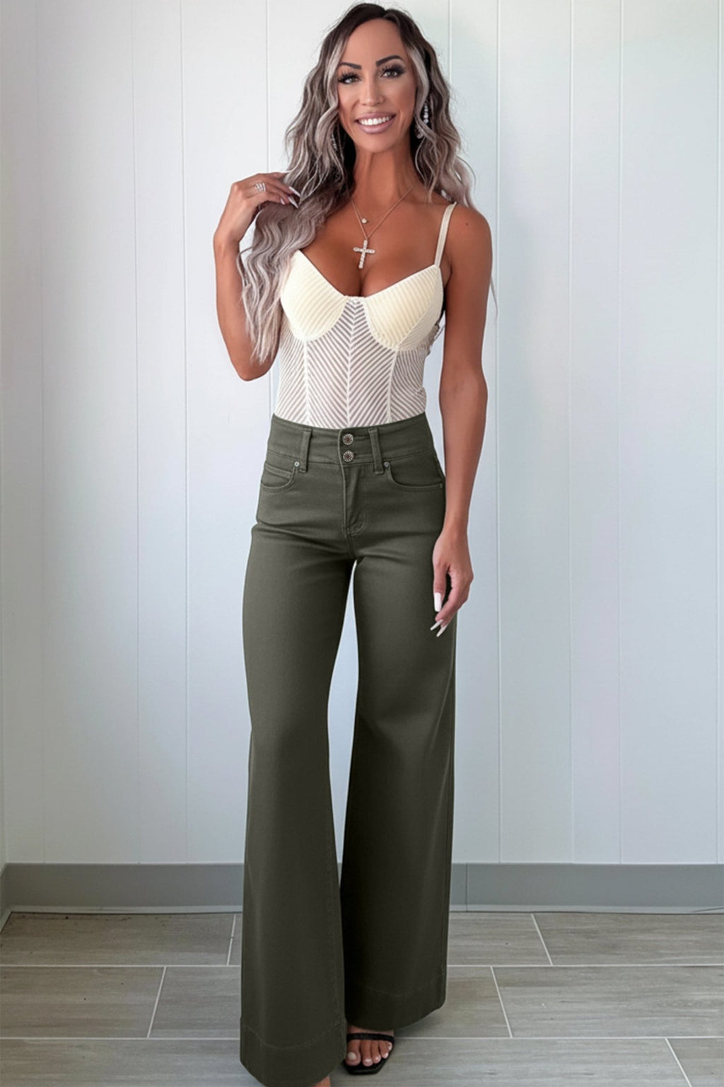 Mist Green 2 - Button High Waist Wide Leg Jeans - Crowned Energy CO.