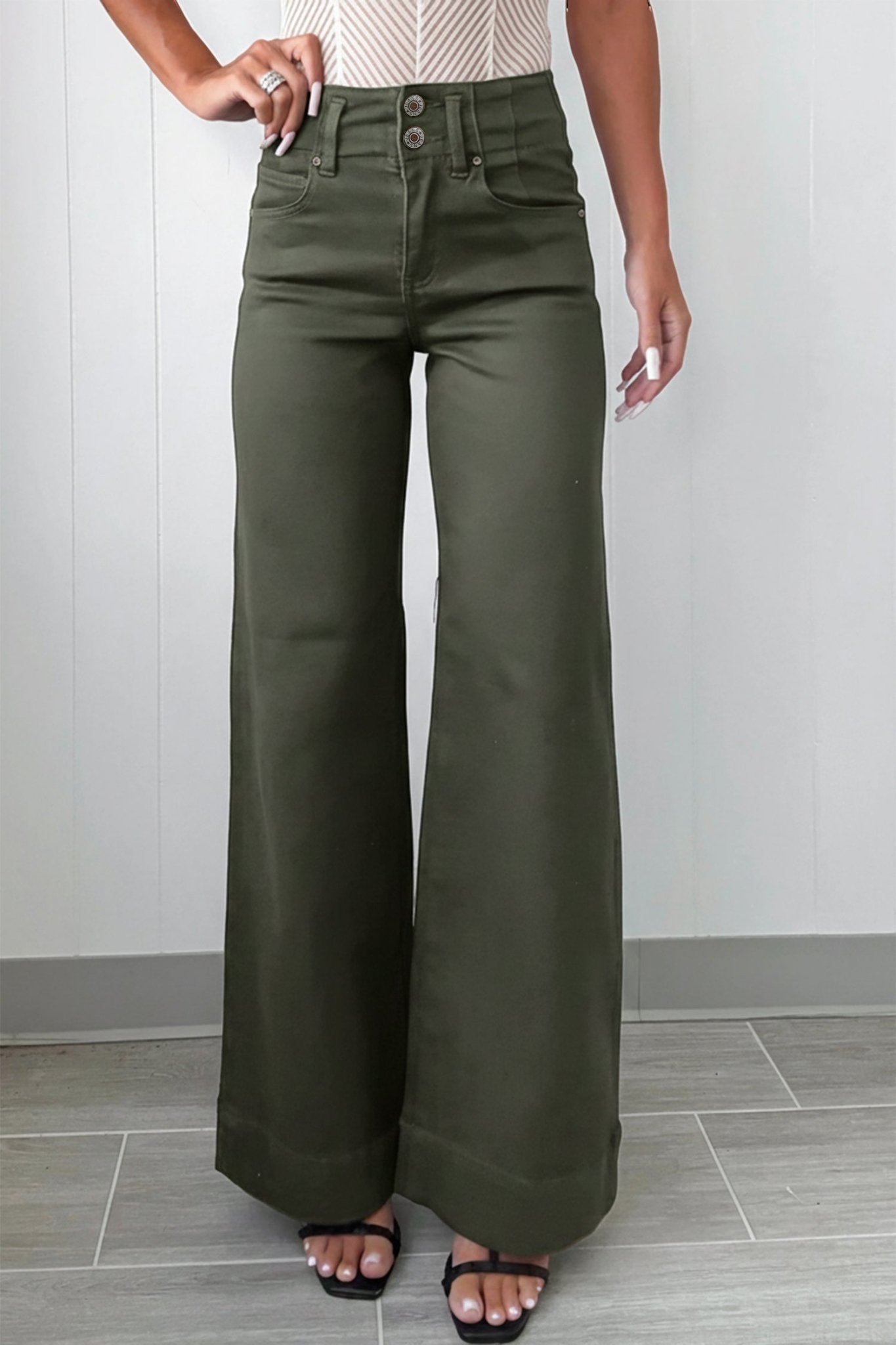 Mist Green 2 - Button High Waist Wide Leg Jeans - Crowned Energy CO.