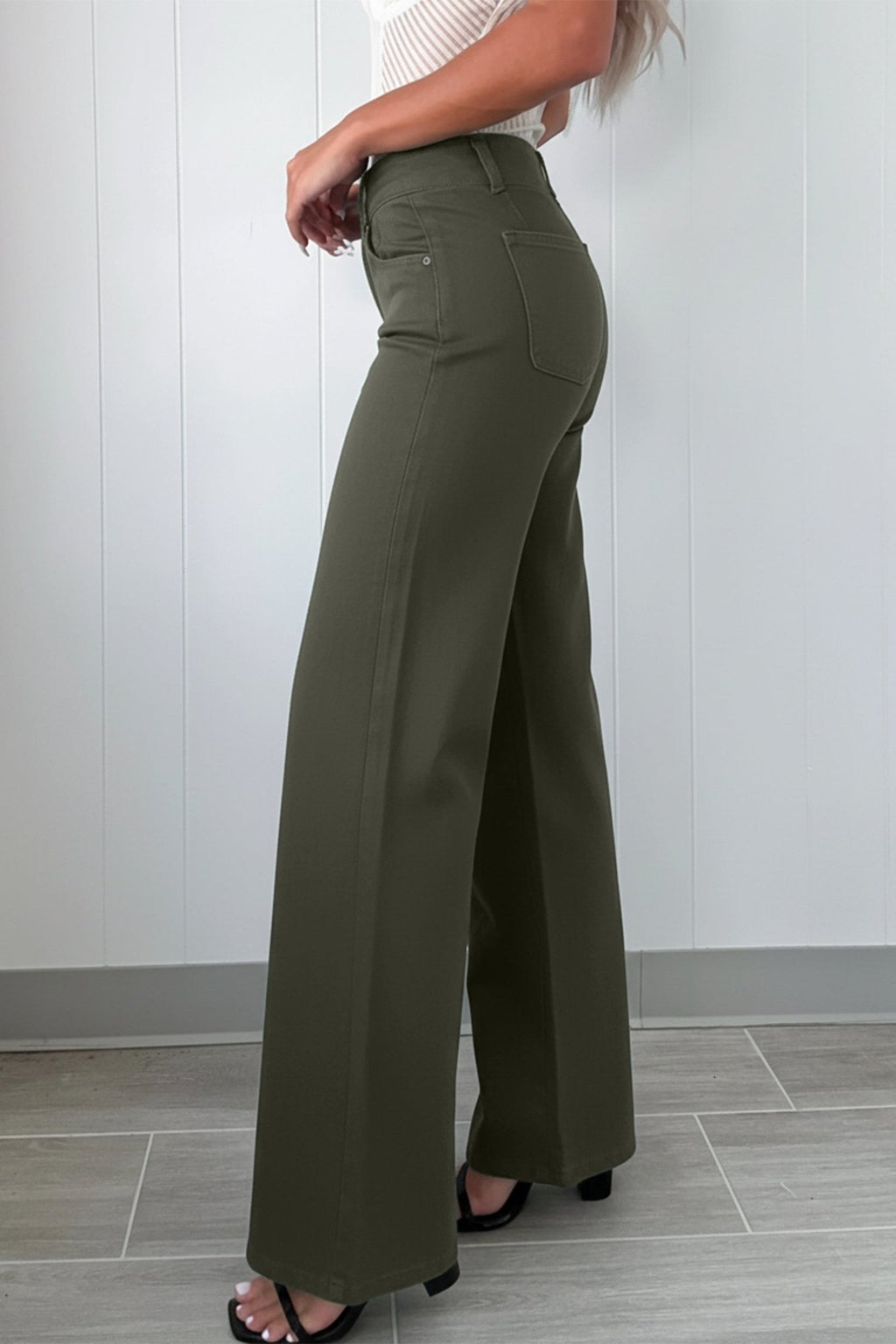 Mist Green 2 - Button High Waist Wide Leg Jeans - Crowned Energy CO.