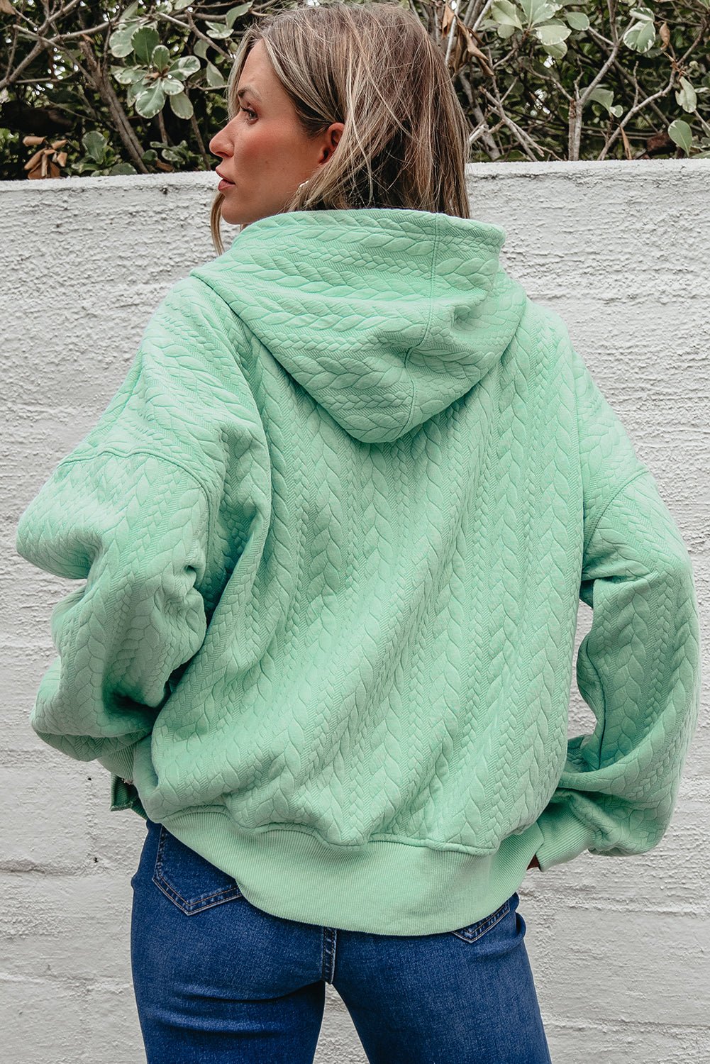 Moonlight Jade Cable Textured Baggy Solid Hoodie - Crowned Energy CO.
