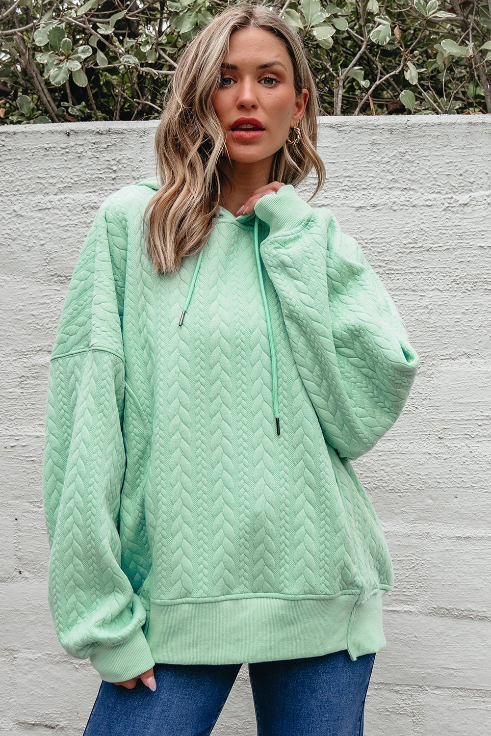 Moonlight Jade Cable Textured Baggy Solid Hoodie - Crowned Energy CO.