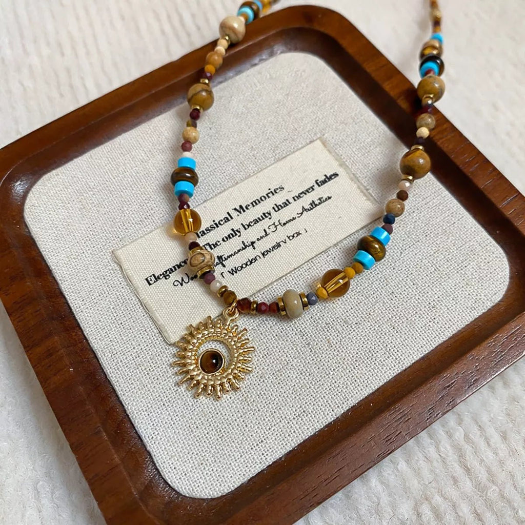 Multi - Color Beaded Sunflower Pendant Necklace - Goddess Vibes