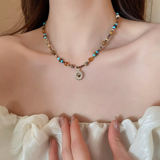 Multi - Color Beaded Sunflower Pendant Necklace - Goddess Vibes