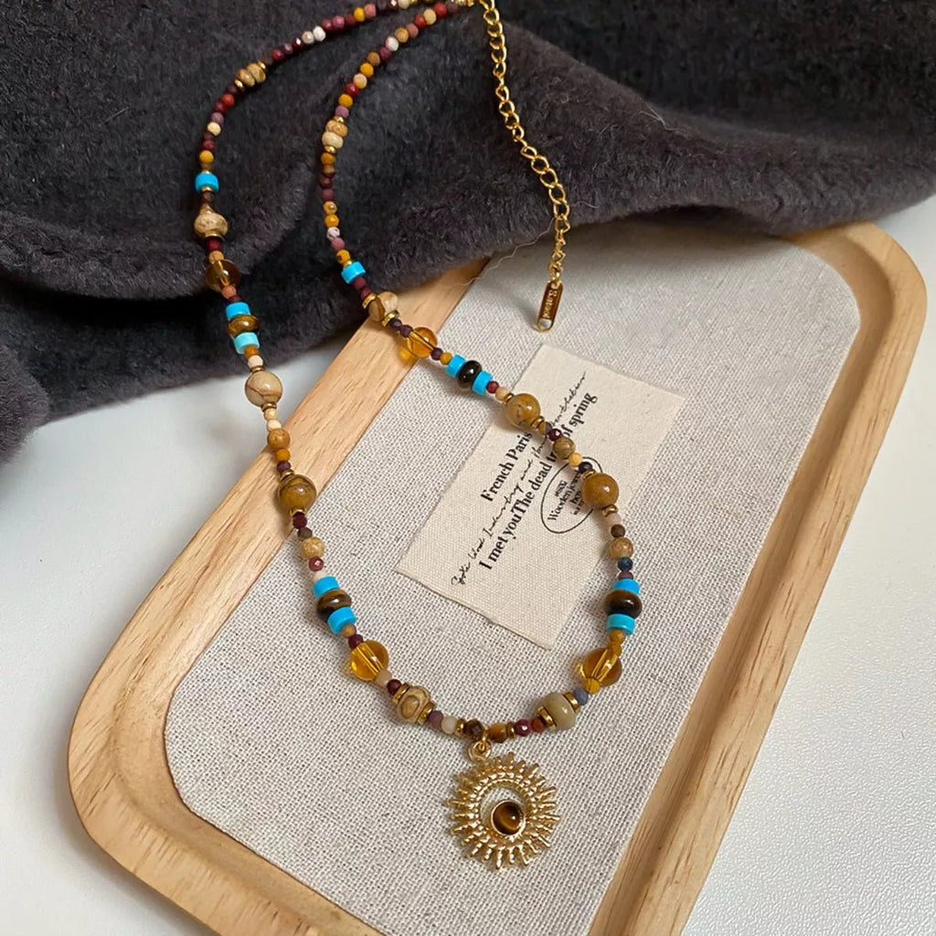Multi - Color Beaded Sunflower Pendant Necklace - Goddess Vibes