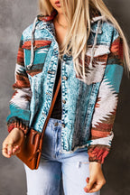 Multicolor Aztec Print Frayed Hem Denim Jacket - Goddess Vibes