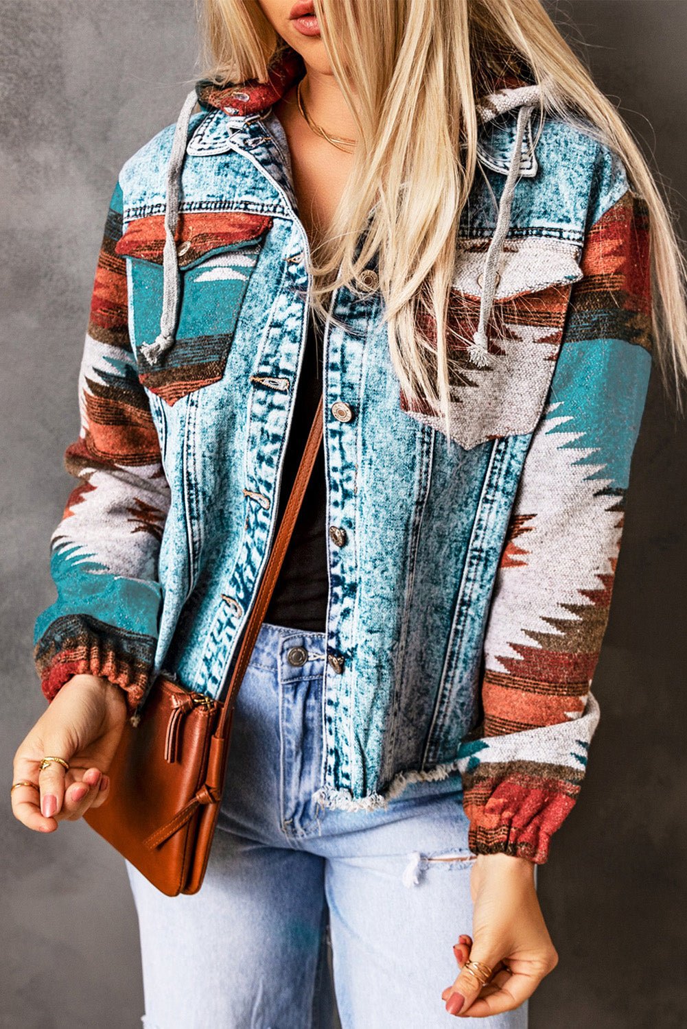 Multicolor Aztec Print Frayed Hem Denim Jacket - Goddess Vibes