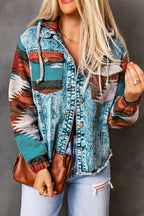 Multicolor Aztec Print Frayed Hem Denim Jacket - Goddess Vibes