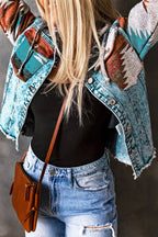 Multicolor Aztec Print Frayed Hem Denim Jacket - Goddess Vibes