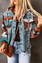 Multicolor Aztec Print Frayed Hem Denim Jacket - Goddess Vibes
