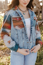 Multicolor Aztec Print Frayed Hem Denim Jacket - Goddess Vibes
