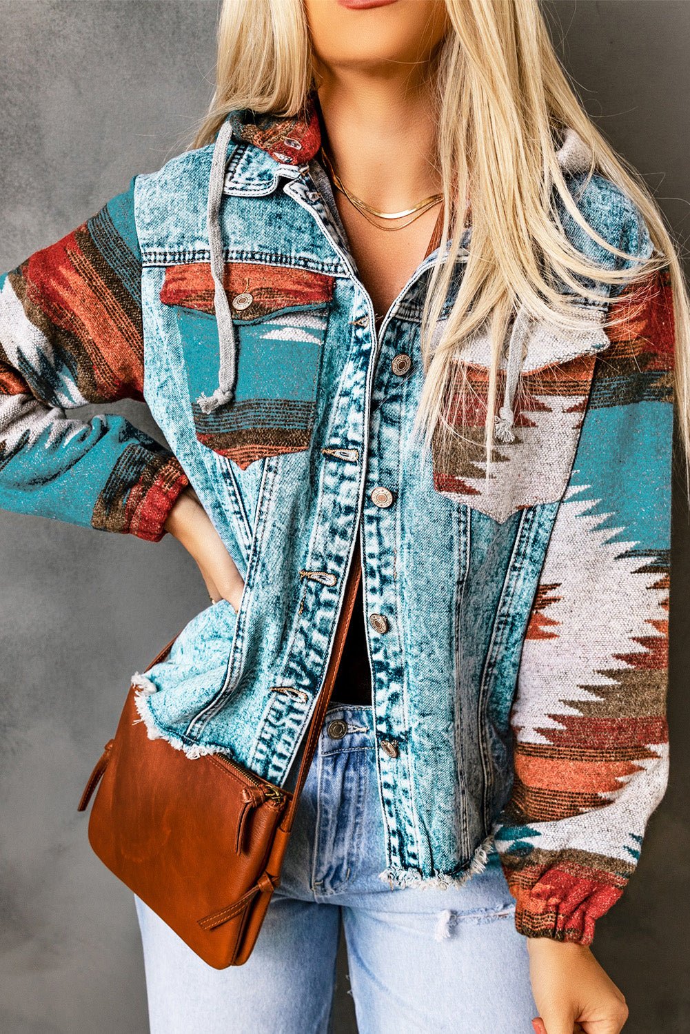 Multicolor Aztec Print Frayed Hem Denim Jacket - Goddess Vibes