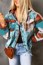 Multicolor Aztec Print Frayed Hem Denim Jacket - Goddess Vibes