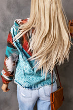 Multicolor Aztec Print Frayed Hem Denim Jacket - Goddess Vibes