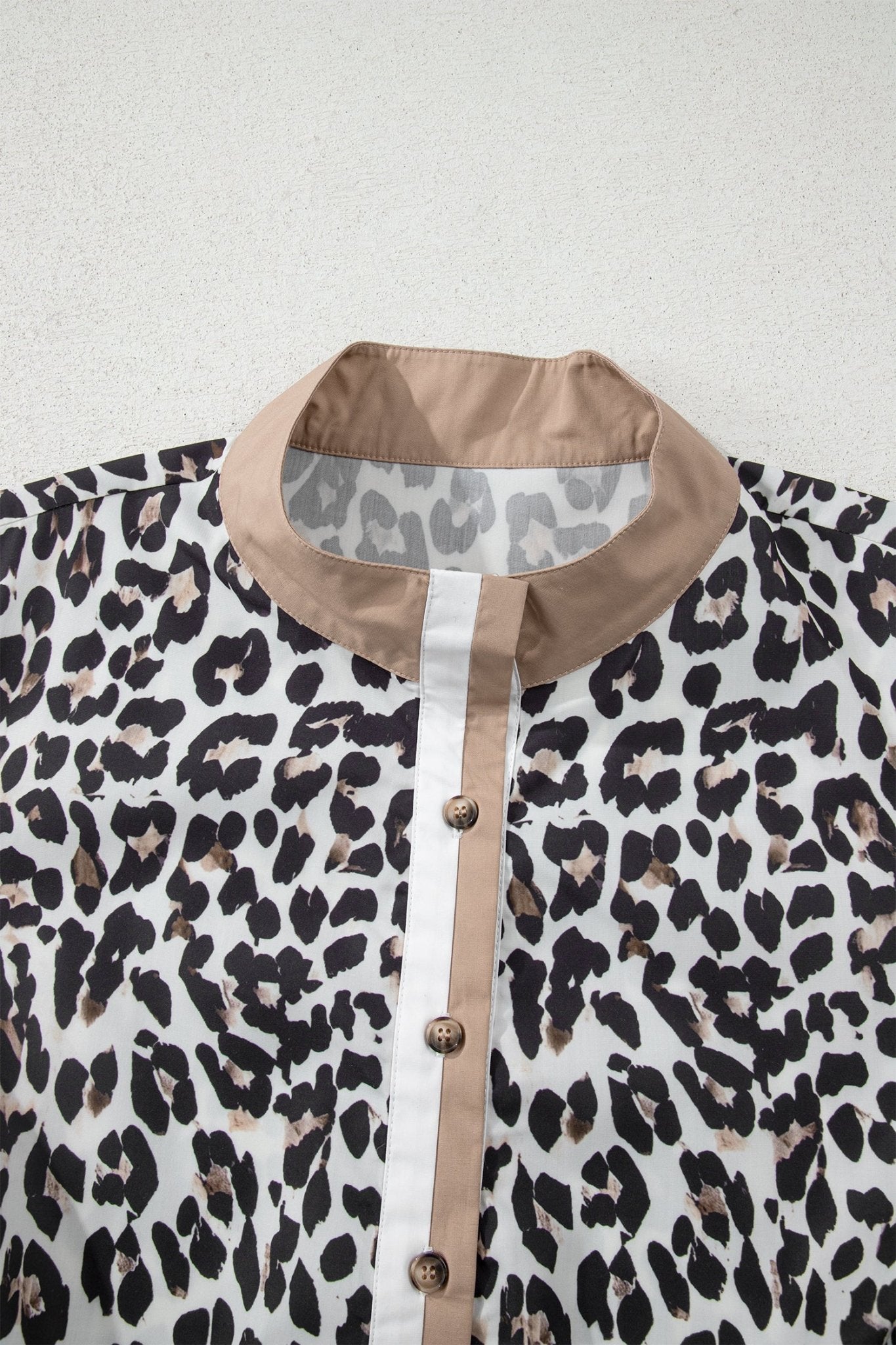 Multicolour Leopard Print Contrast Trim Button Split Neck Plus Long Sleeve Top - Crowned Energy CO.