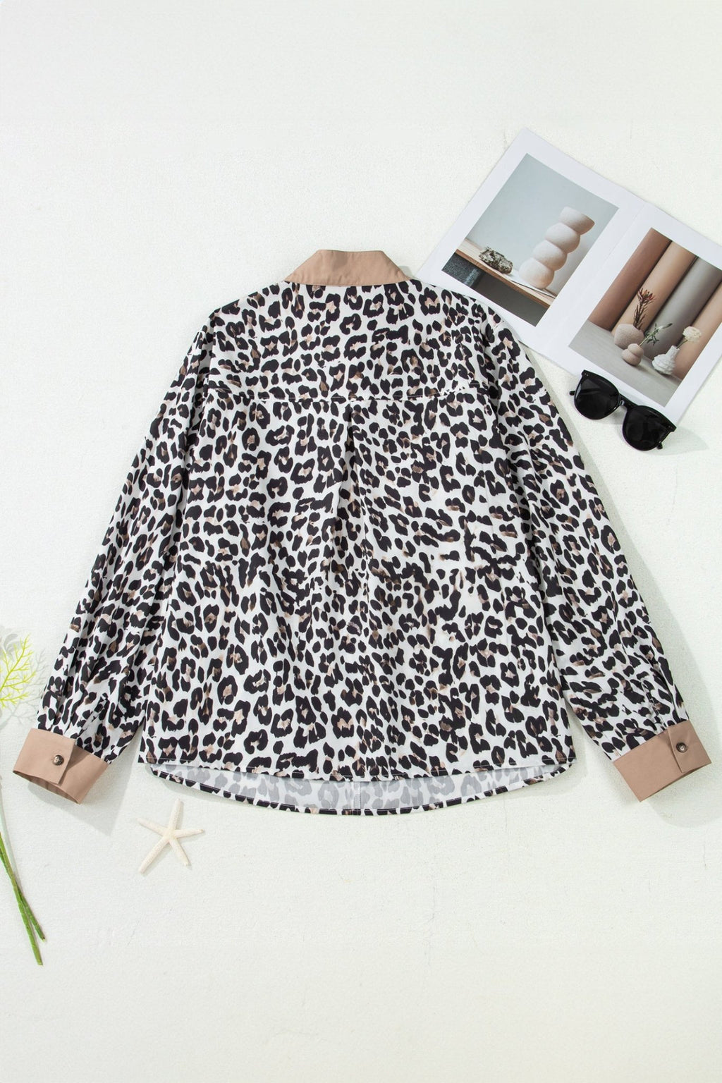 Multicolour Leopard Print Contrast Trim Button Split Neck Plus Long Sleeve Top - Crowned Energy CO.