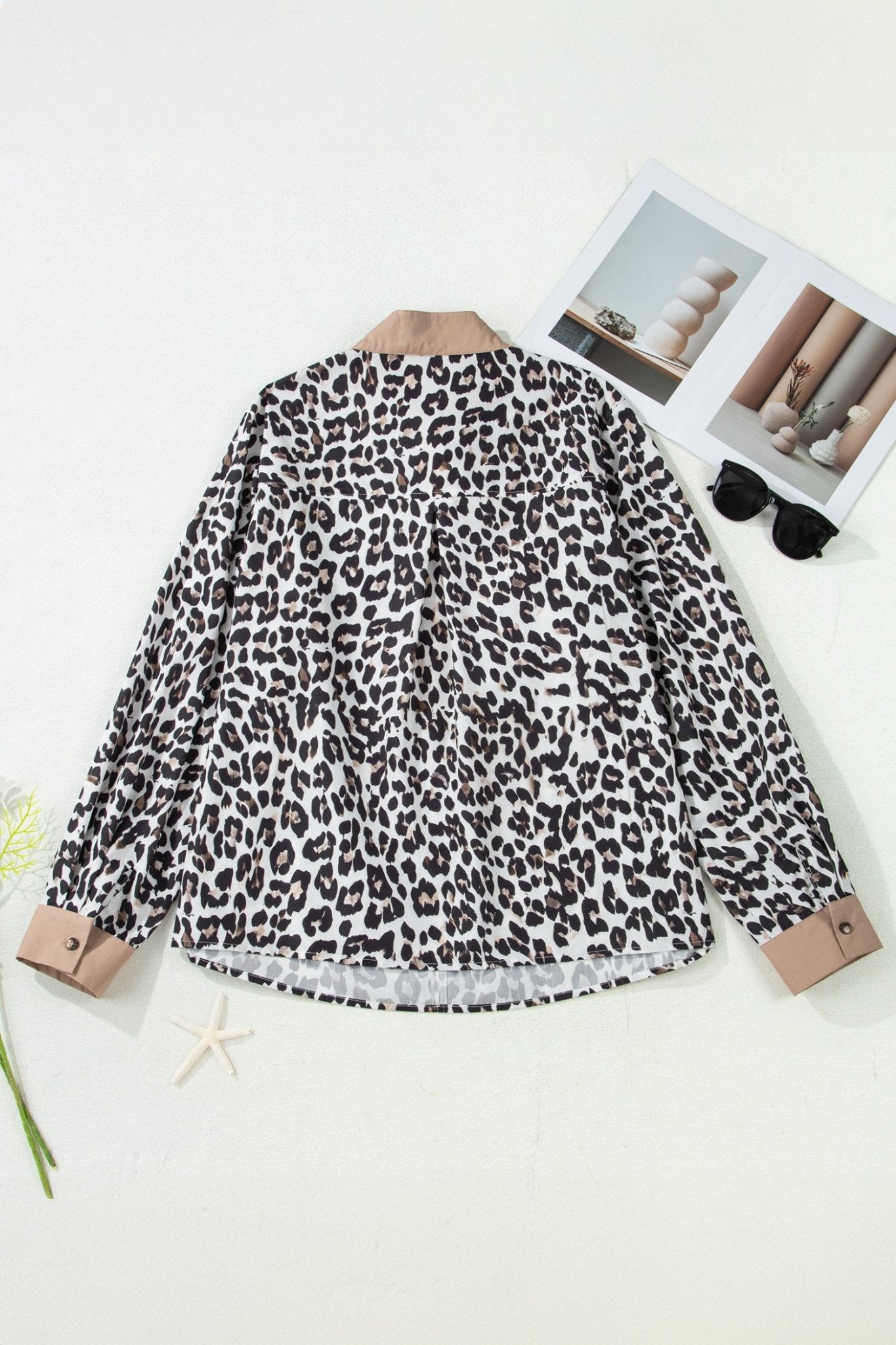 Multicolour Leopard Print Contrast Trim Button Split Neck Plus Long Sleeve Top - Crowned Energy CO.
