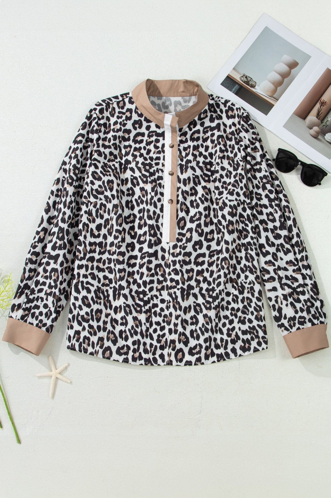 Multicolour Leopard Print Contrast Trim Button Split Neck Plus Long Sleeve Top - Crowned Energy CO.