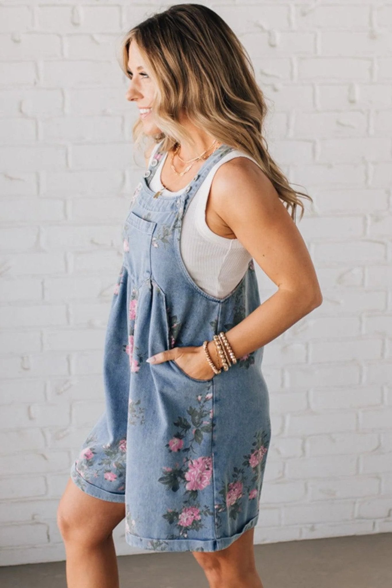 Myosotis Floral Print Denim Shortalls - Crowned Energy CO.
