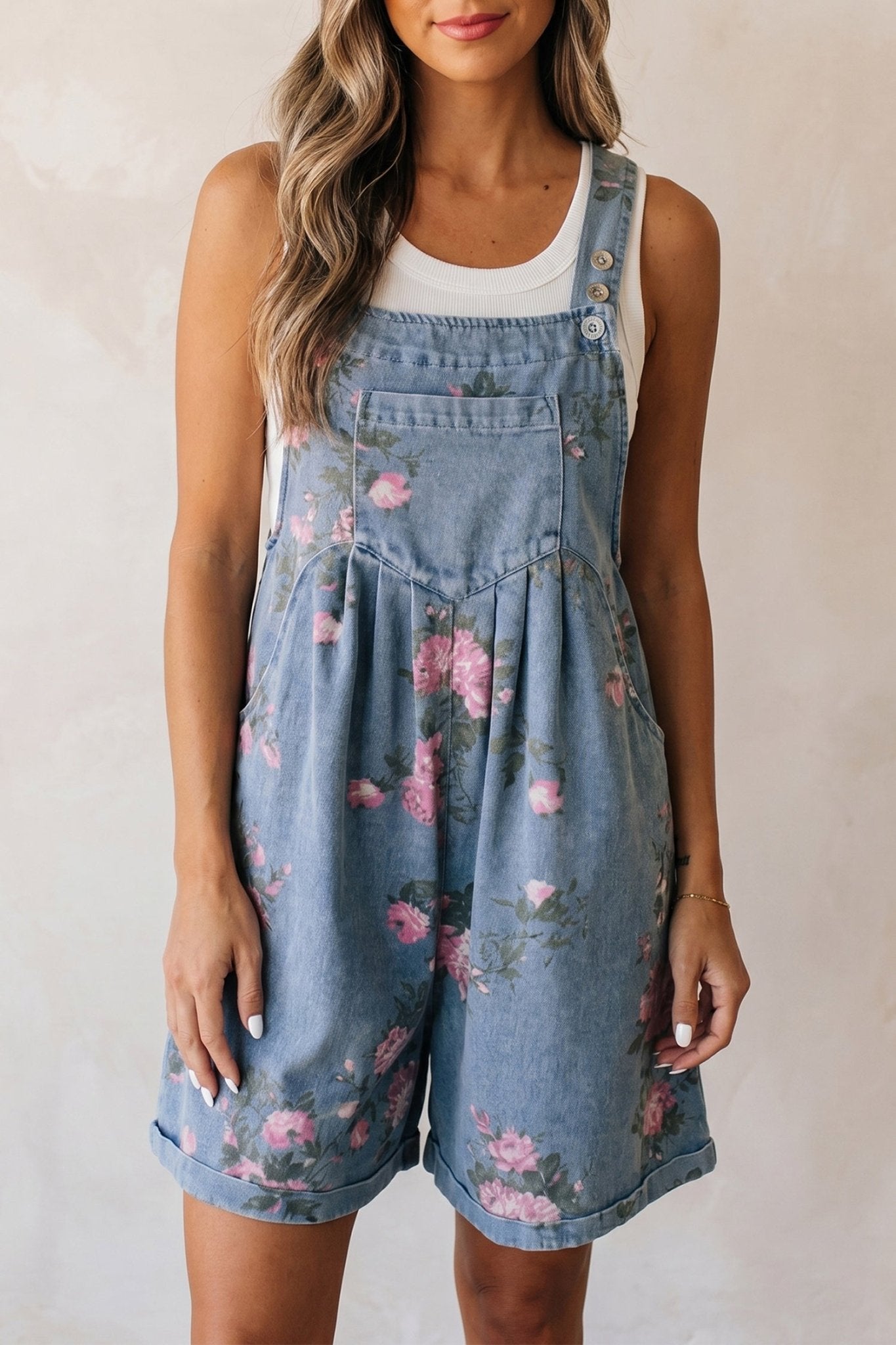 Myosotis Floral Print Denim Shortalls - Crowned Energy CO.