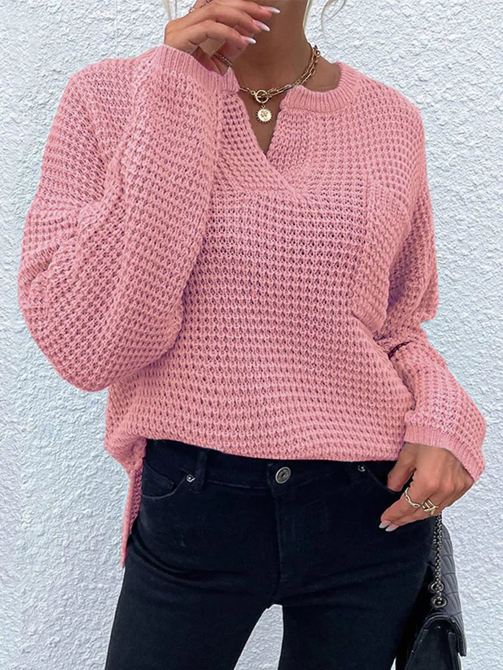 Notched Long Sleeve Sweater - Goddess Vibes