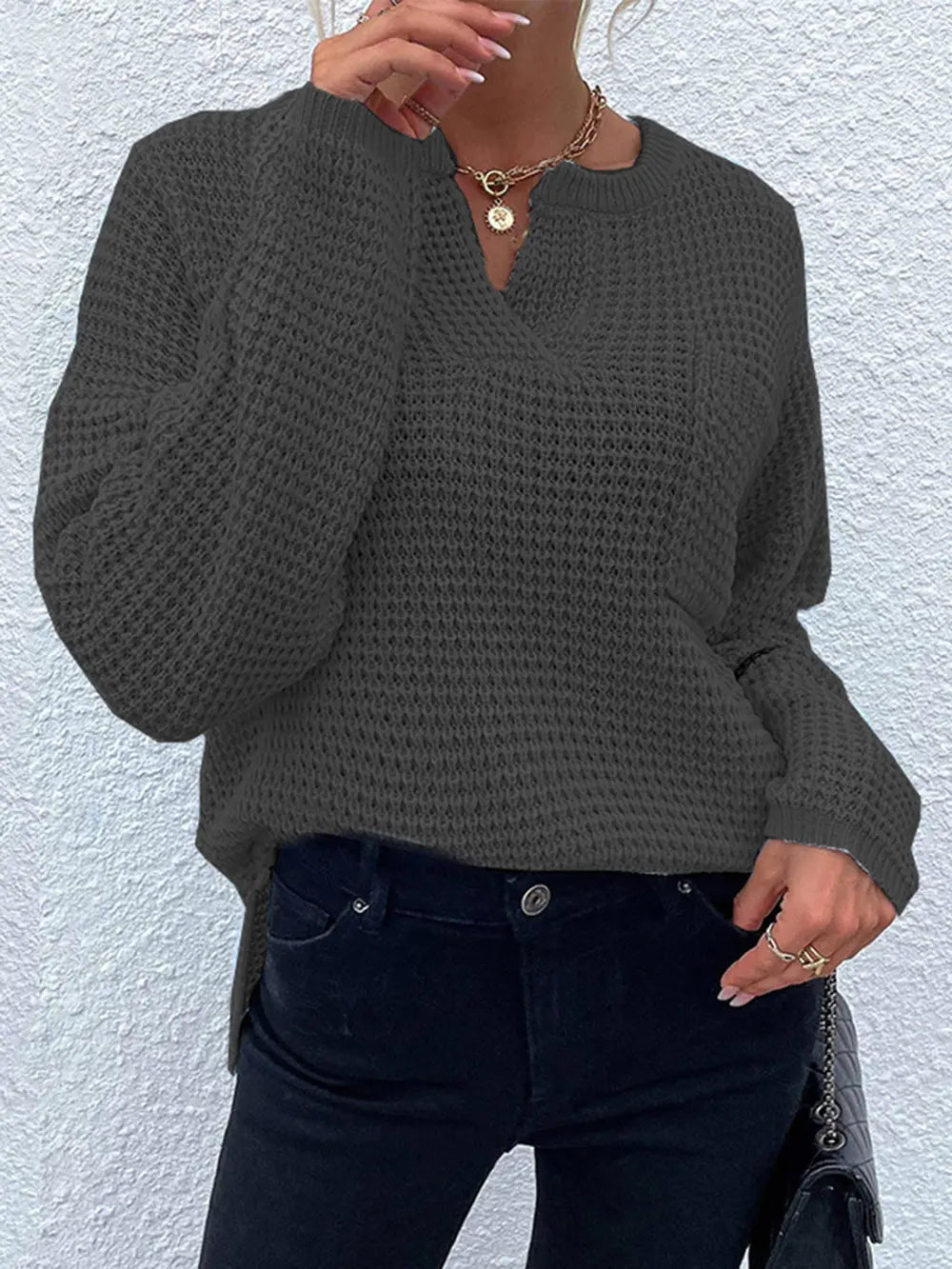Notched Long Sleeve Sweater - Goddess Vibes