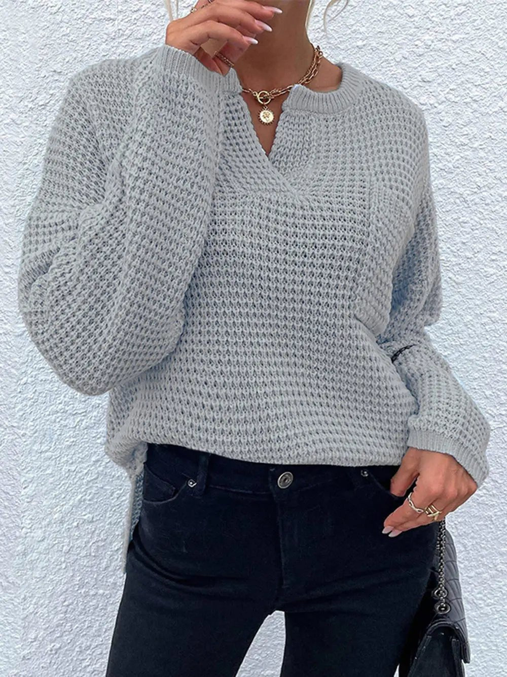 Notched Long Sleeve Sweater - Goddess Vibes