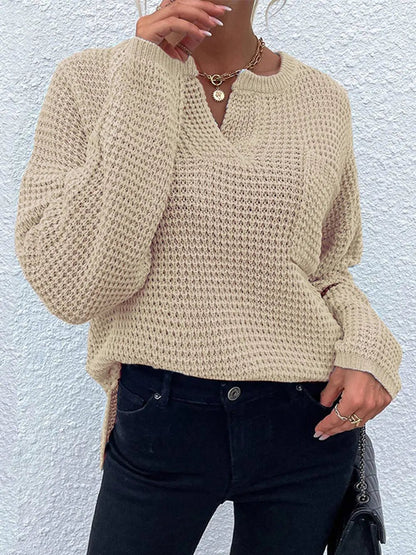 Notched Long Sleeve Sweater - Goddess Vibes