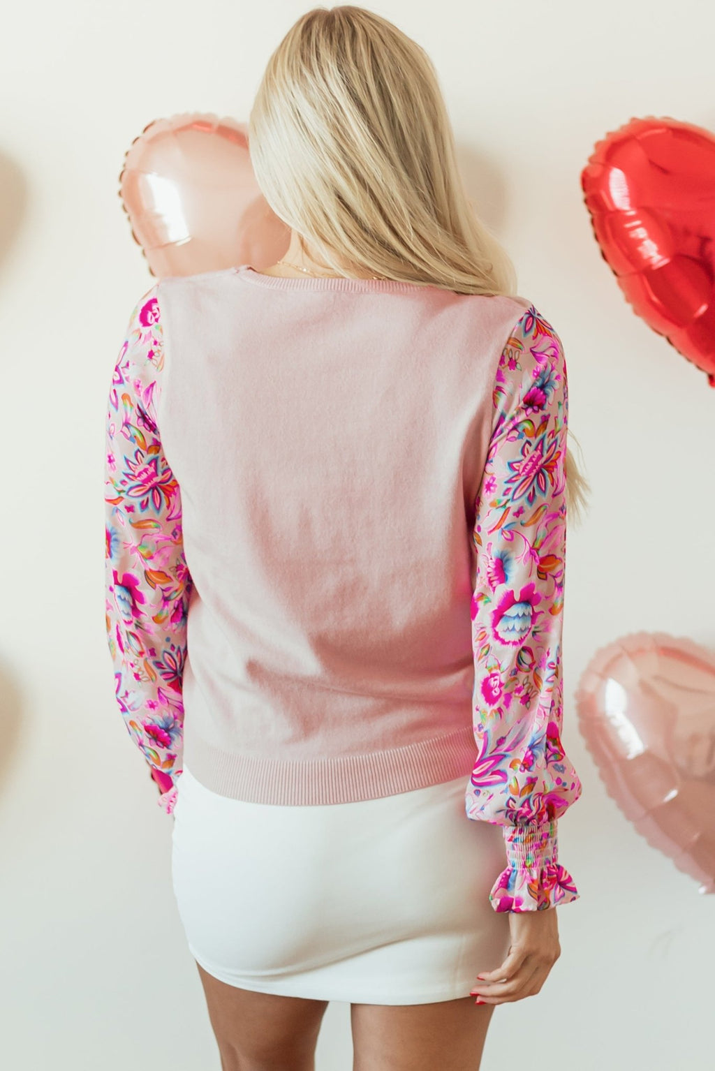 Oatmeal Floral Printed Patchwork Smocked Lantern Sleeve Knit Top - Crowned Energy CO.