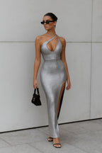 One Shoulder Slit Maxi Dress - Crowned Energy CO.