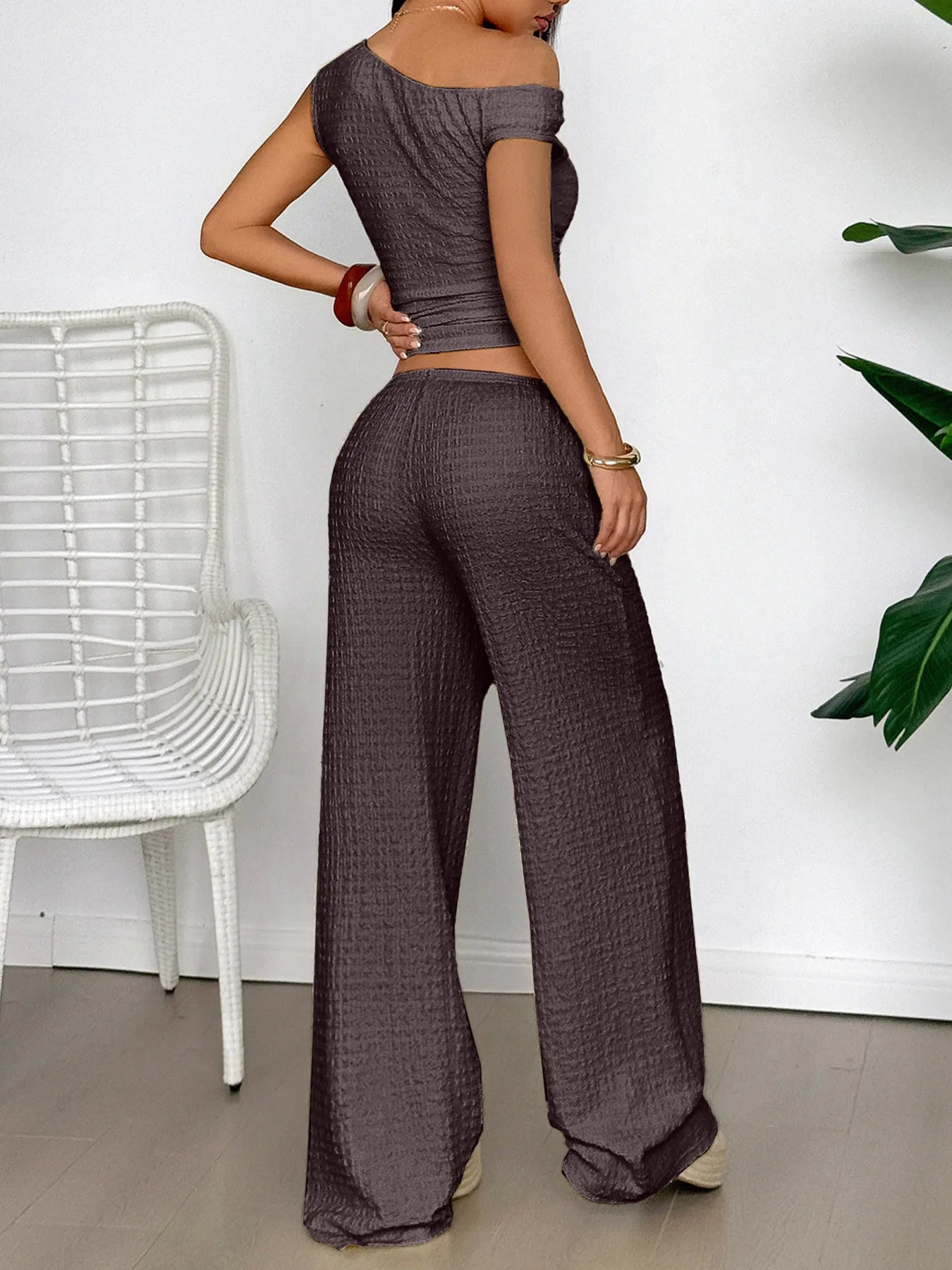 One Shoulder Top and Wide Leg Pants Set - Goddess Vibes