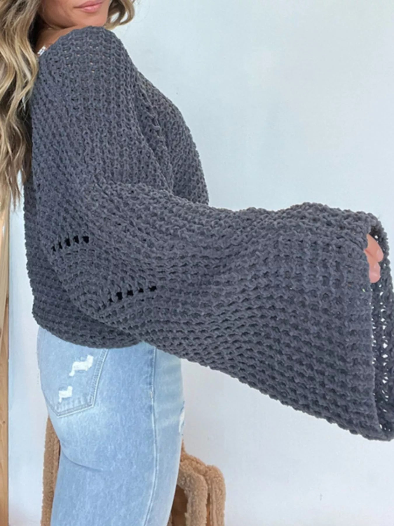 Openwork Batwing Sleeve Sweater - Crowned Energy CO.