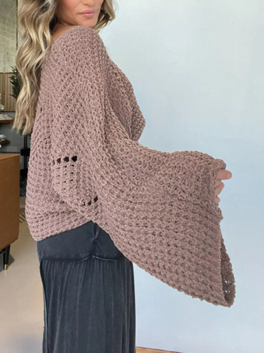 Openwork Batwing Sleeve Sweater - Crowned Energy CO.